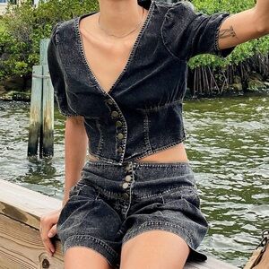 Free People Black Denim Button-Up Crop Top and Shorts Set
